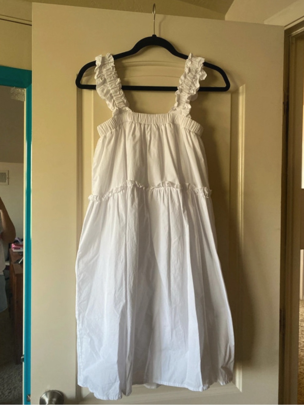 White Ruffle Strap Smocked Bodice Midi Dress